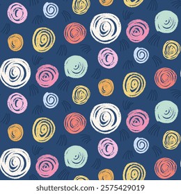 Polka dots seamless pattern crayon drawn. Circle confetti endless background. Birthday round points by pencil repeat cover. Scribble spots marker draw. Vector surface design festive motif.