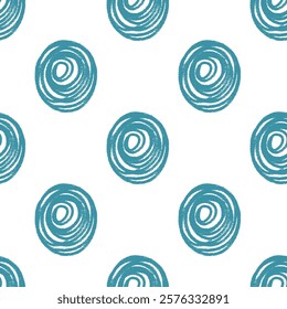 Polka dots seamless pattern crayon drawn. Circle confetti endless background. Birthday round points by pencil repeat cover. Scribble spots blue marker draw. Vector surface design festive motif.