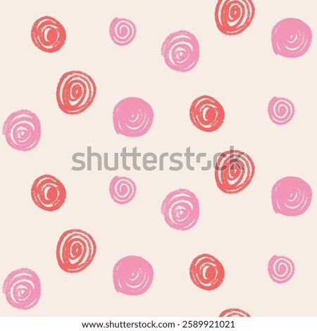 Polka dots seamless pattern crayon drawn. Circle confetti endless background. Birthday round points by pencil repeat cover. Scribble spots marker draw. Vector surface design festive motif.