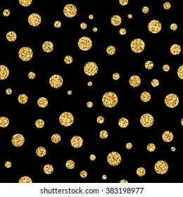 Polka dots seamless pattern. Gold glitter and black template. Abstract geometric texture. Golden circles. Retro Vintage decoration. Design template wallpaper, wrapping, fabric etc. Vector Illustration