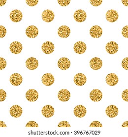 Polka dots seamless pattern. Gold glitter and white template. Abstract geometric texture. Golden circles. Retro Vintage decoration. Design template wallpaper, wrapping, fabric etc. Vector Illustration