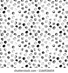 Polka dots seamless pattern. Ink illustration. Brush strokes. Geometric pattern for wrapping paper. Monochrome design. Isolated on white background.