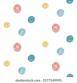Polka dots seamless pattern marker drawn. Circle confetti endless background. Birthday round points by pencil repeat cover. Scribble spots chalk draw. Vector surface design festive motif.