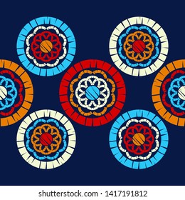 Polka dots seamless pattern. Mosaic of ethnic figures. Patterned texture. Geometric background. Can be used for wallpaper, textile, invitation card, wrapping, web page background.