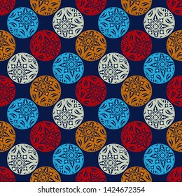 Polka dots seamless pattern. Mosaic of ethnic figures. Patterned texture. Geometric background. Can be used for wallpaper, textile, invitation card, wrapping, web page background.