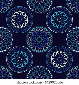 Polka dots seamless pattern. Mosaic of ethnic figures. Patterned texture. Geometric background. Can be used for wallpaper, textile, invitation card, wrapping, web page background.