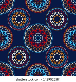 Polka dots seamless pattern. Mosaic of ethnic figures. Patterned texture. Geometric background. Can be used for wallpaper, textile, invitation card, wrapping, web page background.