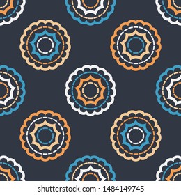 Polka dots seamless pattern. Multicolored. Ethnic print. Boho. Simple design. Vector geometric background. Can be used in printing, textile, wrapping, web-design.
