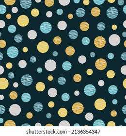 Polka dots seamless pattern on firefly color background. Circle shape textures for textile, wallpaper and backgrounds.