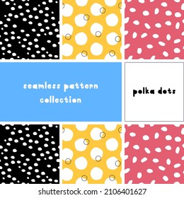 Polka Dots. Seamless pattern set collection, vector. Hand draw made illustration texture. Colorful, cute, fun, doodle, spot, round shape print. Design social media, geometric scrap book, repeat. 