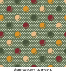 Polka dots seamless patternon green back. Circles and dots, colorful balls repeat pattern for textile, background, wrapping paper. Vector for childish design
