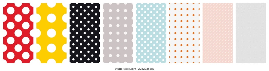 Polka dots seamless patterns set. Classic geometric background for fabric and clothing design.  Uniform symmetrical rows of dots. Trendy style ornament.