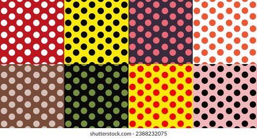 El polka es un vector sin fisuras en varios colores y fondos. 8 coloridos fondos para su diseño gráfico
