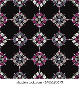 Polka dots and squares form snowflakes in a seamless pattern. Mosaic of ethnic figures. Patterned texture. Geometric background.