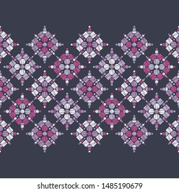 Polka dots and squares form snowflakes in a seamless pattern. Mosaic of ethnic figures. Patterned texture. Geometric background.