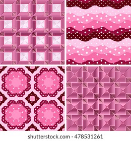 Polka dots, striped, ornamental, patchwork vector seamless patterns in color of petal of flower verbena -2 .