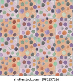 Polka dots and swirls in orange, green, grey, and purple on purple and orange brick tiled background as a seamless vector repeat in Halloween colors