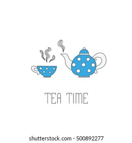 Polka dots tea pot and cup with tea on white background. Tea time greeting card or invitation template for your design. Vector illustration of hand drawn sketch.