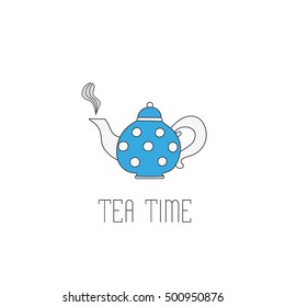 Polka dots teapot with tea on white background. Teatime text message. Tea time greeting card or invitation template for your design. Vector illustration of hand drawn sketch.