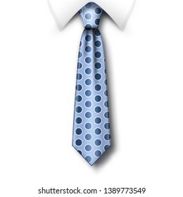 Polka dots tie and white collar with soft shadow on a white background. Template for Fathers Day greeting card with blue polka dots necktie. Realistic vector illustration