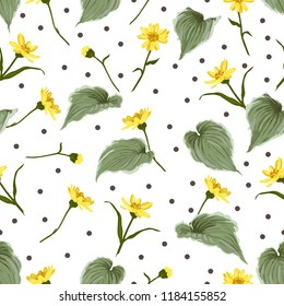 Polka dots vector seamless pattern with yellow flowers and green leaves for fabrics, wallpaper and wrappers.