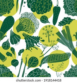 Polka dots and vegetables. Cute decorative seamless pattern.