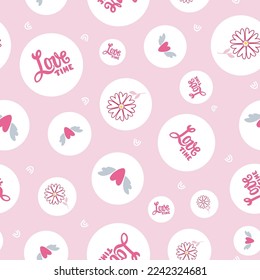 Polka dotted Love seamless pattern. Flying heart, flower and words Love time in the white bubbles on pink background. For wrapping paper, textile, scrapbooking, greetings, DIY projects.