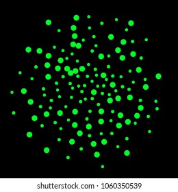 Polka Green Confetti Dotted Dark Background. Bubbles Circle Dots. Network Design, Technology Science, Vector Illustration. Perfect For Logo, Banner, Icon, Holiday, New year Background.