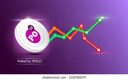 Moneda blanca de PolkaCity. Símbolo de criptodivisa con gráfico de inversión en bolsa verde y rojo. Icono de moneda en fondo oscuro. Concepto de negocios de tendencias económicas. Ilustración vectorial 3D.