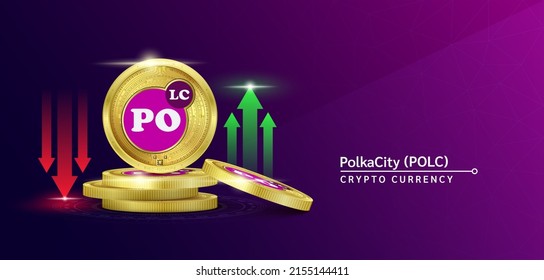 Cartel de criptodivisa de token de PolkaCity. Futura moneda en el mercado bursátil de blockchain con flechas rojas-verdes arriba y abajo. Monedas de oro cripto monedas. Cartel de noticias de fondo morado. Vector 3D.