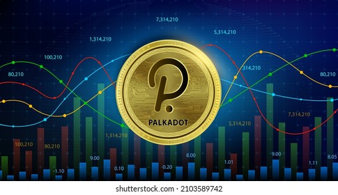 Polkadot (DOT) coin cryptocurrency blockchain Future digital currency replacement technology. alternative currency, Silver golden stock chart, numbers up down in background. 3D Vector illustration. 