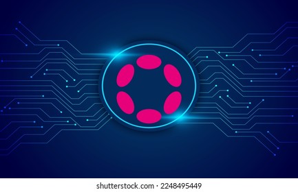 Monnaie de cryptage Polkadot (DOT) avec fond vectoriel en ligne de circuit . Polkadot crypto, illustration vectorielle sur fond bleu