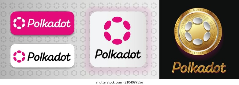 Polkadot (DOT) new symbol and logo design vector illustration design in a golden coin template. Cryptocurrency Blockchain technology, virtual currency and future payment tech concept brand identity.