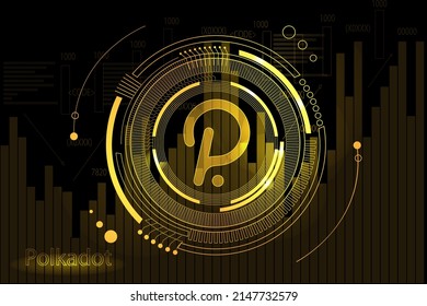 Polkadot golden coin symbol with lights and wireframe circuit. Modern futuristic logo or icon for crypto coin exchange. Cryptocurrency Blockchain technology, digital innovation or trade exchange.