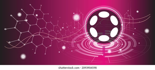 Polkadot new token logo with crypto currency themed circle background design. Modern pink neon color banner for Polka DOT icon. Cryptocurrency Blockchain technology background, digital trade.