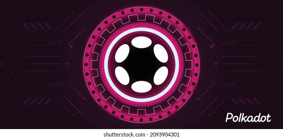 Logotipo de parachains de Polkadot con diseño de fondo de círculo temático de moneda cripto. Banner moderno de color de neón rosa para el icono de símbolo de la PUNTA Polka. Cryptocurrency Blockchain, intercambio de comercio digital.