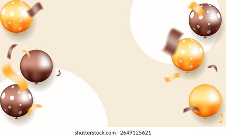 Polkadotted balloons and ribbons on beige background with orange and brown for party invitations, greeting cards, or festive event materials for a lighthearted touch.