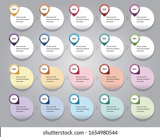 Polka-shaped icons for writing text.Button icons for various colors for writing.Diagram icons in different colors.