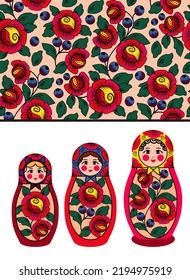 Polkhov-Maidan painting. Seamless Pattern. Nesting Doll. Vector Illustration.