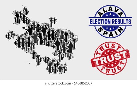 Poll Alava Province map and seal stamps. Red rounded Trust distress seal. Black Alava Province map mosaic of raised up referendum arms. Vector composition for referendum results, with Trust seal.