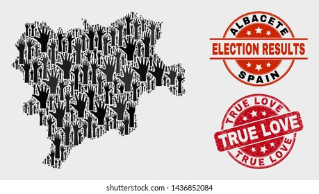 Poll Albacete Province map and seal stamps. Red rounded True Love grunge seal stamp. Black Albacete Province map mosaic of upwards volunteer arms. Vector collage for ballot results,