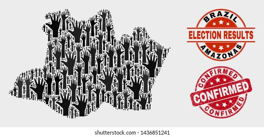 Poll Amazonas State map and stamps. Red round Confirmed scratched stamp. Black Amazonas State map mosaic of raised up referendum hands. Vector composition for referendum results,