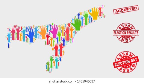 Poll Assam State map and stamps. Red rectangle Accepted grunge stamp. Colored Assam State map mosaic of raised election hands. Vector composition for election day, and referendum results.
