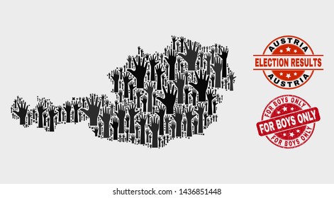 Poll Austria map and seal stamps. Red round For Boys Only distress stamp. Black Austria map mosaic of upwards vote hands. Vector composition for referendum results, with For Boys Only seal stamp.