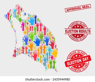 Poll Barbuda Island map and seals. Red rectangle Approval Seal textured seal. Bright Barbuda Island map mosaic of raised up ballot hands. Vector composition for election day, and ballot results.