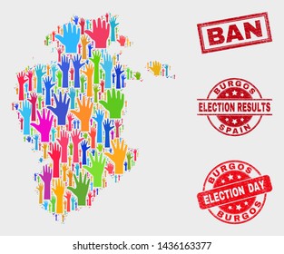 Poll Burgos Province map and stamps. Red rectangle Ban scratched seal. Colored Burgos Province map mosaic of raised up referendum hands. Vector combination for election day, and referendum results.