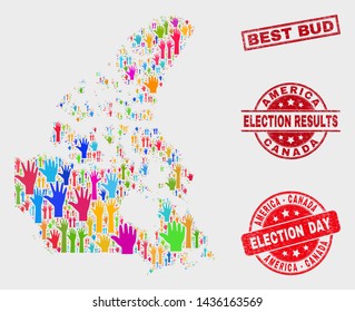 Poll Canada v2 map and watermarks. Red rectangular Best Bud scratched seal stamp. Bright Canada v2 map mosaic of raised up ballot hands. Vector combination for election day, and ballot results.