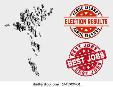 Poll Faroe Islands map and seal stamps. Red rounded Best Jobs textured stamp. Black Faroe Islands map mosaic of raised up like hands. Vector combination for referendum results,