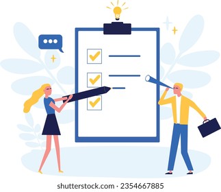 Poll flat illustration. Teamwork on performance. Business concept. Quality check and satisfaction report. Feedback from customers. Understanding customer responses. Collaboration, partnership.