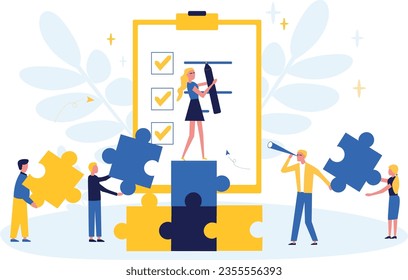 Poll flat illustration. Teamwork on performance. Business concept. Quality check and satisfaction report. People connecting puzzle elements. Symbol of teamwork, partnership, cooperation. 